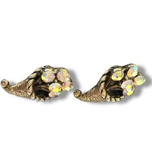 Vintage Cornucopia Lapel Pins Set of 2 .75" Goldtone Crystal